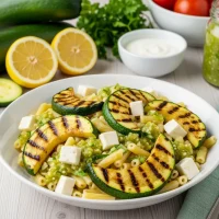 Bowl de ensalada de pasta con calabacitas asadas, cubos de queso panela y salsa verde cremosa, ingredientes frescos al fondo