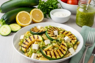 Bowl de ensalada de pasta con calabacitas asadas, cubos de queso panela y salsa verde cremosa, ingredientes frescos al fondo