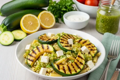 Bowl de ensalada de pasta con calabacitas asadas, cubos de queso panela y salsa verde cremosa, ingredientes frescos al fondo