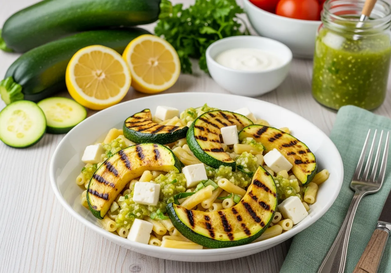 Pasta salad bowl with roasted zucchini, panela cheese cubes and creamy green sauce, fresh ingredients in the background
