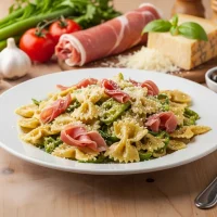 Fotografía apetitosa de ensalada tibia italiana de farfalle con espárragos salteados, prosciutto y parmesano derretido