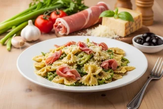 Fotografía apetitosa de ensalada tibia italiana de farfalle con espárragos salteados, prosciutto y parmesano derretido