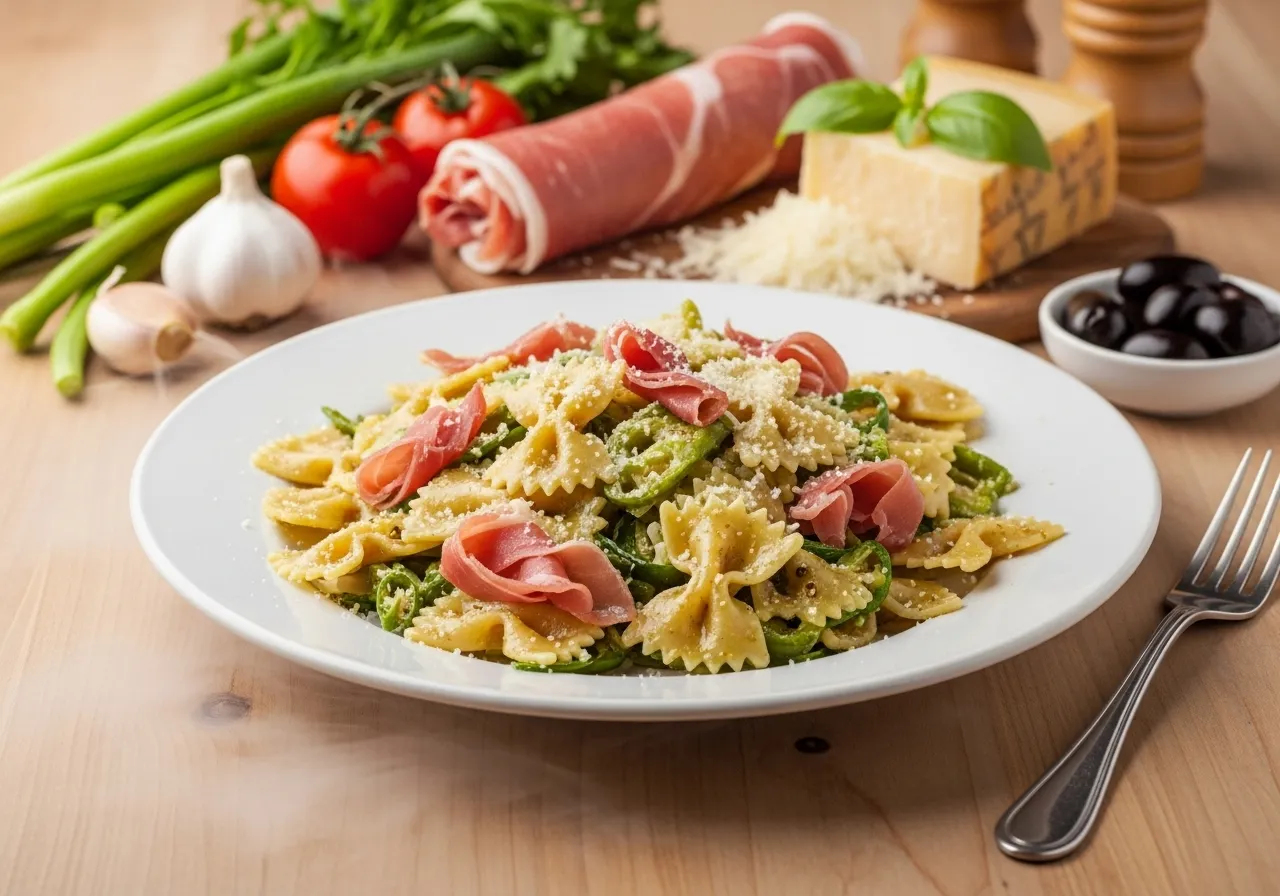 Appetizing photograph of warm Italian farfalle salad with sautéed asparagus, prosciutto and melted parmesan
