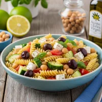 Bowl de ensalada de pasta con garbanzos, aceitunas negras, pepino y queso feta con vinagreta de limón