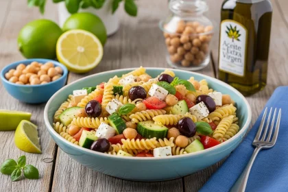 Bowl de ensalada de pasta con garbanzos, aceitunas negras, pepino y queso feta con vinagreta de limón