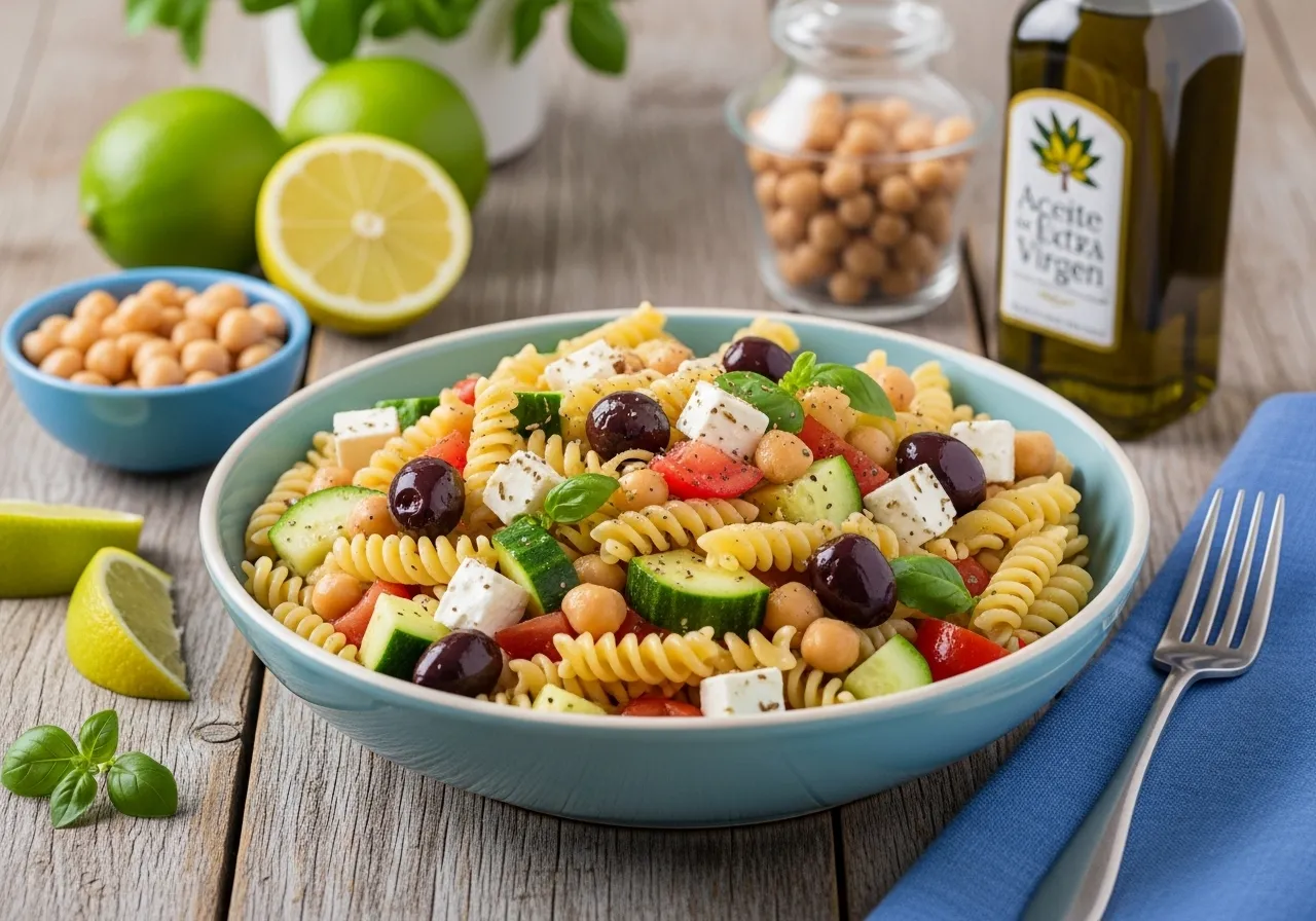 Pasta salad bowl with chickpeas, black olives, cucumber and feta cheese with lemon vinaigrette