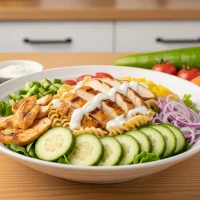 Ensalada de pasta integral con pollo a la parrilla y aderezo cremoso de yogur