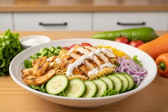 Ensalada de pasta integral con pollo a la parrilla y aderezo cremoso de yogur