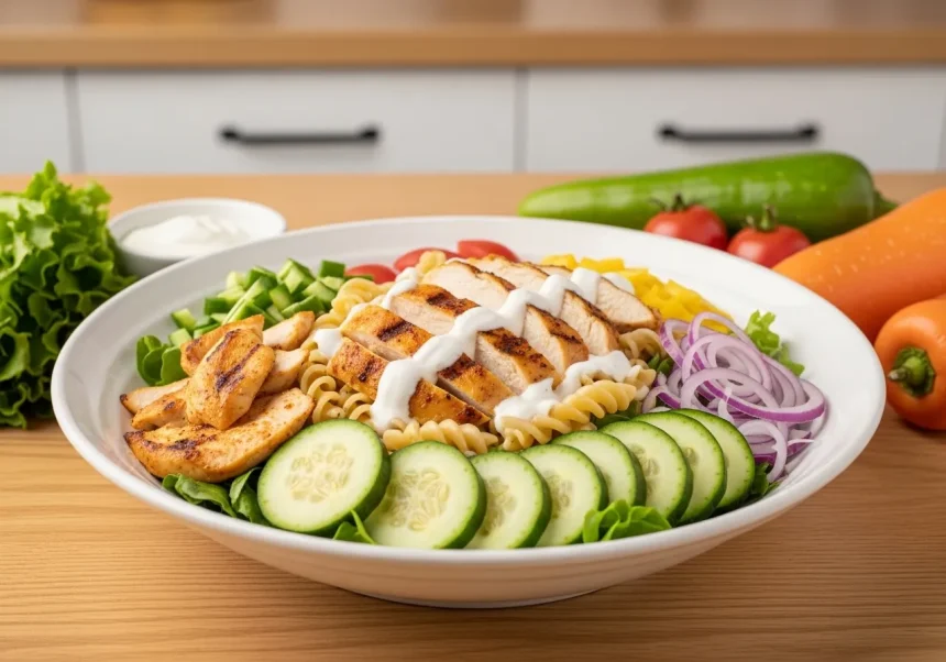 Ensalada de pasta integral con pollo a la parrilla y aderezo cremoso de yogur