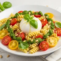 Ensalada de pasta con burrata y pesto
