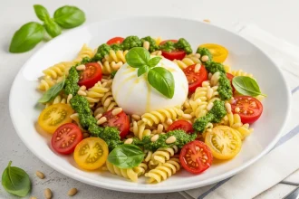 Ensalada de pasta con burrata y pesto