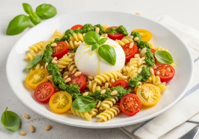 Ensalada de Pasta con Burrata, Jitomates Cherry y Pesto 8 Ensalada de Pasta con Burrata, Jitomates Cherry y Pesto