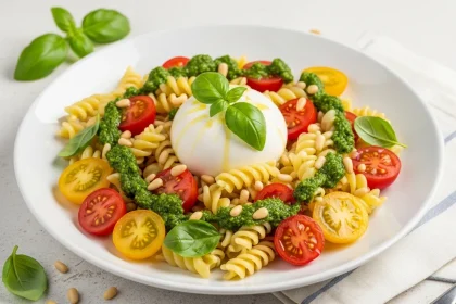 Ensalada de Pasta con Burrata, Jitomates Cherry y Pesto 6 Ensalada de pasta con burrata y pesto