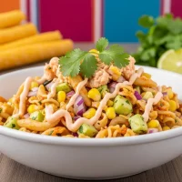 Ensalada de coditos con atún, elote y mayonesa de chipotle servida en bowl blanco decorada con cilantro fresco