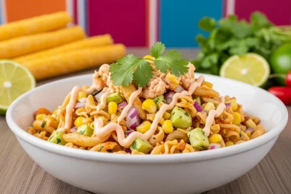 Ensalada de coditos con atún, elote y mayonesa de chipotle servida en bowl blanco decorada con cilantro fresco
