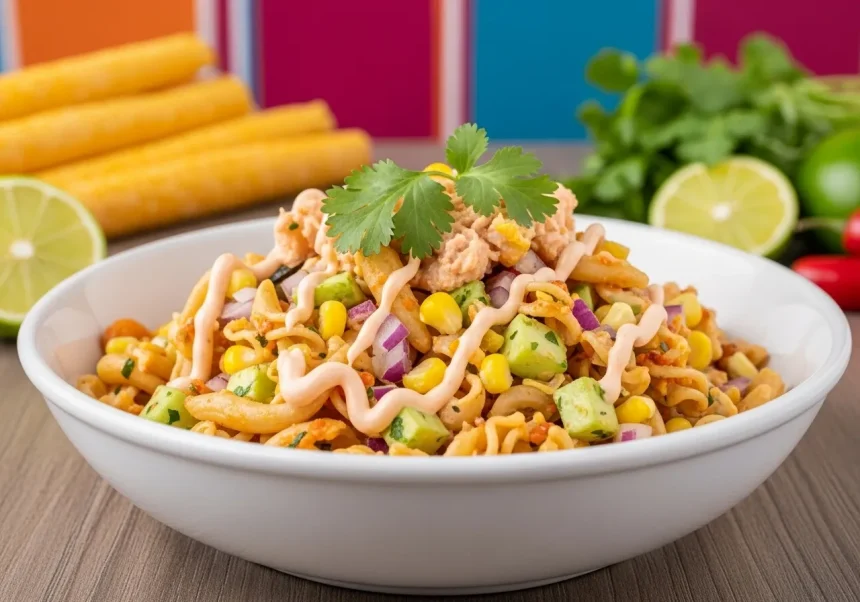 Ensalada de coditos con atún, elote y mayonesa de chipotle servida en bowl blanco decorada con cilantro fresco