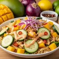 Bowl de ensalada de pasta con cubos de mango, pepino en medias lunas y aderezo cremoso de chile