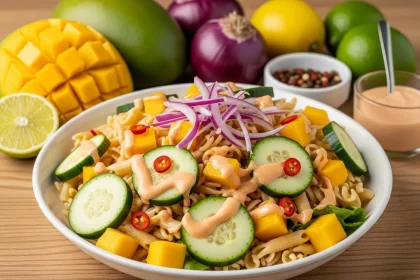 Bowl de ensalada de pasta con cubos de mango, pepino en medias lunas y aderezo cremoso de chile