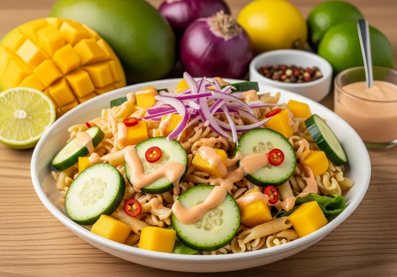 Pasta salad bowl with mango cubes, half-moon cucumber and creamy chili dressing