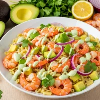 Bowl de ensalada de pasta con camarones cocidos, cubos de aguacate y aderezo verde de cilantro, presentación tropical