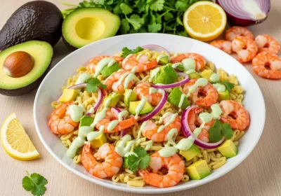 Ensalada de pasta con camarones, aguacate