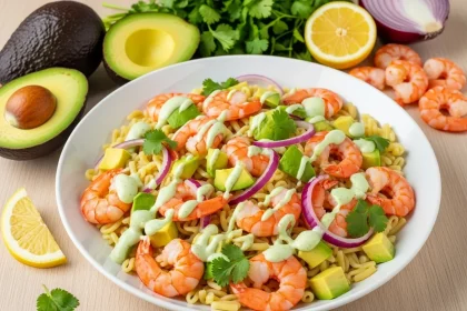 Bowl de ensalada de pasta con camarones cocidos, cubos de aguacate y aderezo verde de cilantro, presentación tropical