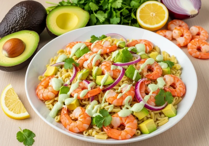 Bowl de ensalada de pasta con camarones cocidos, cubos de aguacate y aderezo verde de cilantro, presentación tropical