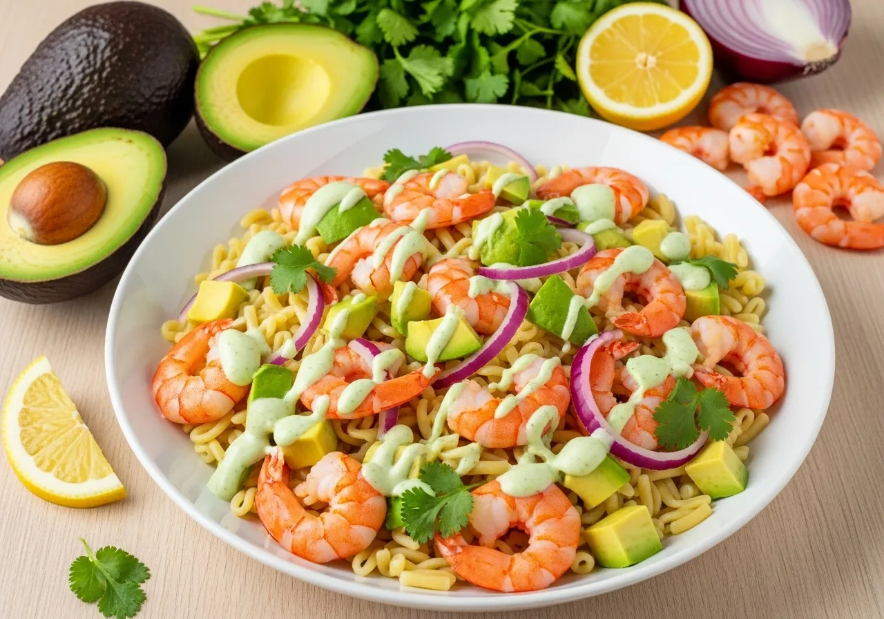 Pasta salad bowl with cooked shrimp, avocado cubes, and green cilantro dressing, tropical presentation