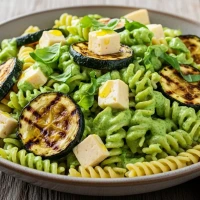 Ensalada de pasta con calabacitas asadas, queso panela y salsa verde cremosa
