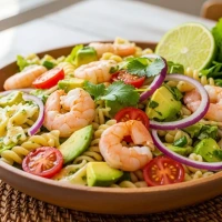 Ensalada de pasta con camarones, aguacate y aderezo de cilantro-limón