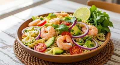 Ensalada de pasta con camarones, aguacate y aderezo de cilantro-limón