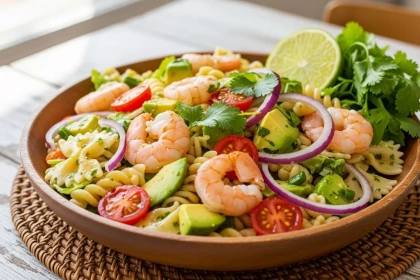 Ensalada de pasta con camarones, aguacate y aderezo de cilantro-limón