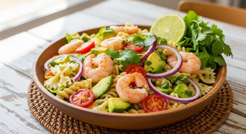 Ensalada de pasta con camarones, aguacate y aderezo de cilantro-limón