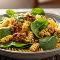 Ensalada de pasta con espinacas, nuez caramelizada y vinagreta de mostaza