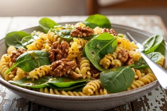 Ensalada de pasta con espinacas, nuez caramelizada y vinagreta de mostaza