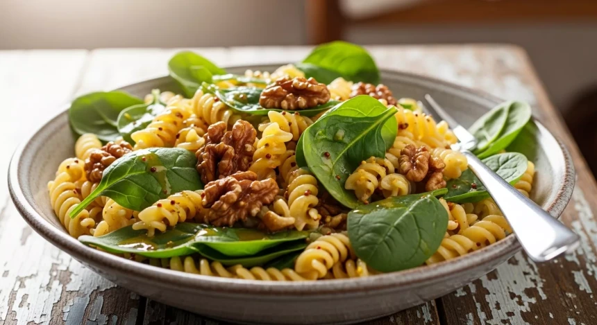 Ensalada de pasta con espinacas, nuez caramelizada y vinagreta de mostaza 1 Ensalada de pasta con espinacas, nuez caramelizada y vinagreta de mostaza