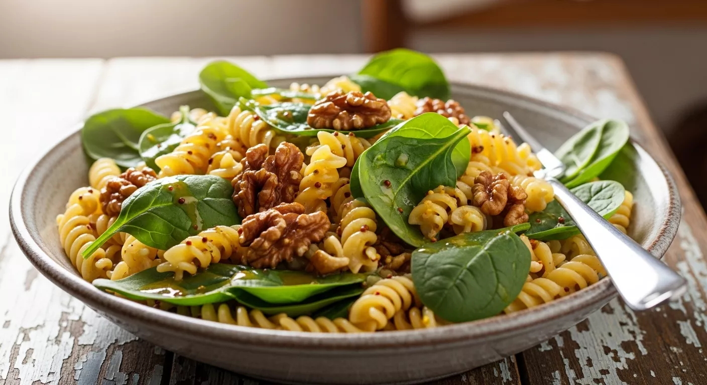 Ensalada de pasta con espinacas, nuez caramelizada y vinagreta de mostaza