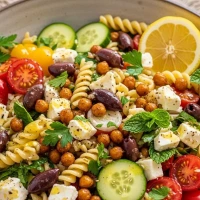 Ensalada de pasta mediterránea con garbanzos y vinagreta de limón