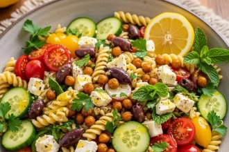 Ensalada de pasta mediterránea con garbanzos y vinagreta de limón
