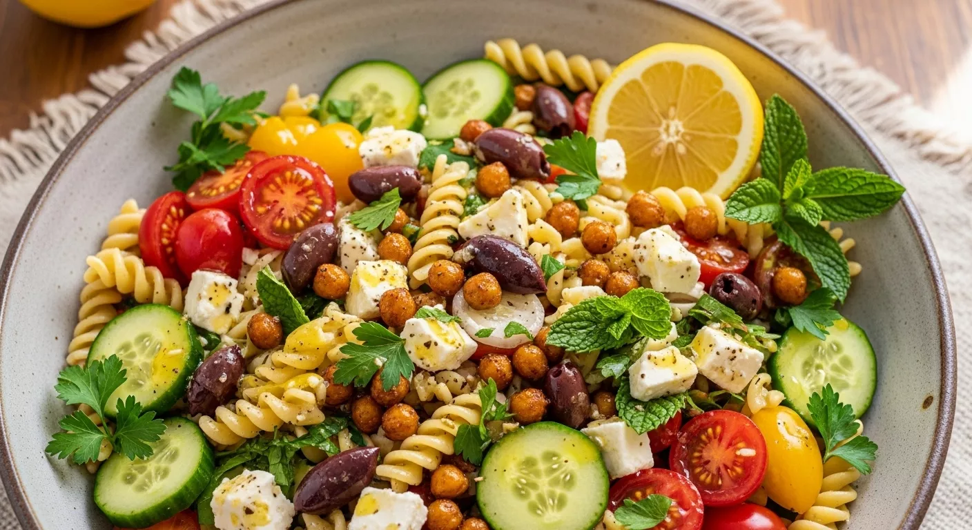 Mediterranean pasta salad with chickpeas and lemon vinaigrette
