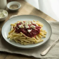 Pasta con crema de betabel y queso feta servida en bowl blanco