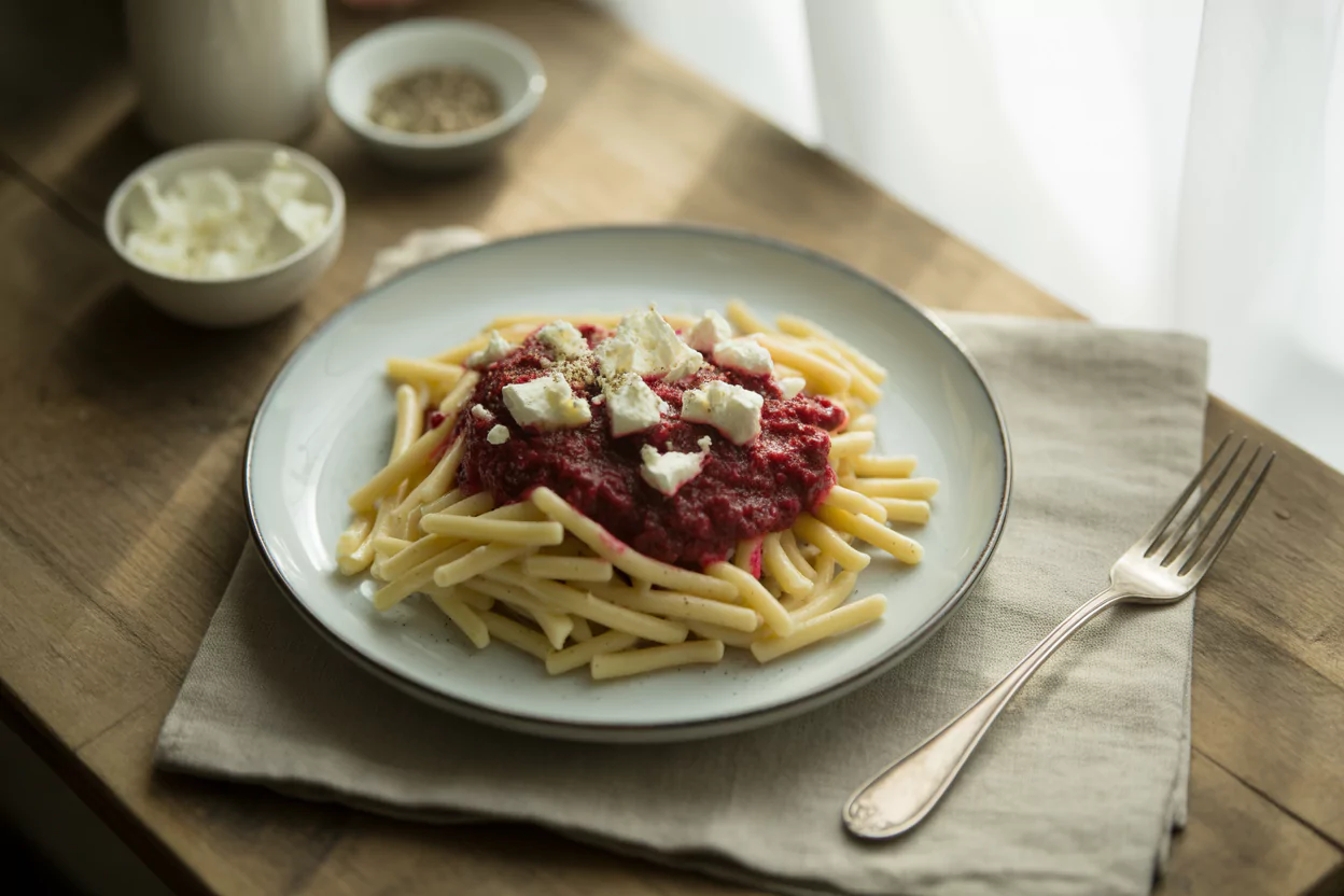 Pasta with beet cream and feta cheese served in a white bowl