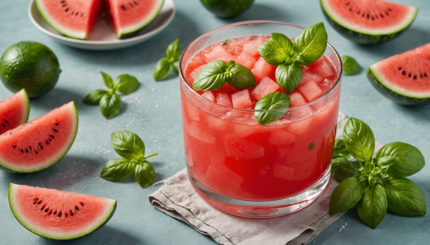 refresca tu día con esta deliciosa agua fresca de sandía, pepino y albahaca. una bebida natural, hidratante y llena de sabor, perfecta para disfrutar en cualquier ocasión.