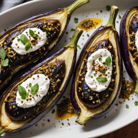 descubre cómo preparar unas deliciosas berenjenas asadas acompañadas de labneh cremoso y za’atar aromático. una receta fácil de inspiración mediterránea, perfecta como entrante saludable o plato principal lleno de sabor.