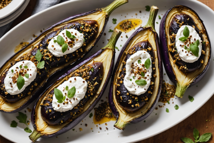 descubre cómo preparar unas deliciosas berenjenas asadas acompañadas de labneh cremoso y za’atar aromático. una receta fácil de inspiración mediterránea, perfecta como entrante saludable o plato principal lleno de sabor.
