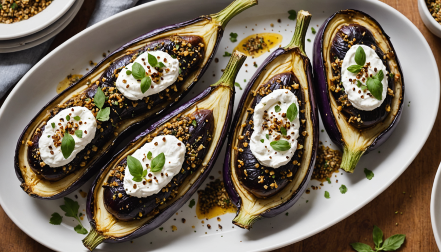 descubre cómo preparar unas deliciosas berenjenas asadas acompañadas de labneh cremoso y za’atar aromático. una receta fácil de inspiración mediterránea, perfecta como entrante saludable o plato principal lleno de sabor.