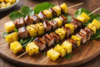 descubre el sabor exótico de nuestras brochetas tropicales de cerdo y piña. una mezcla perfecta de carne jugosa y frutas frescas, ideal para tus reuniones al aire libre o cenas especiales. ¡sencillas, rápidas y llenas de sabor!