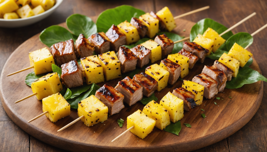 descubre el sabor exótico de nuestras brochetas tropicales de cerdo y piña. una mezcla perfecta de carne jugosa y frutas frescas, ideal para tus reuniones al aire libre o cenas especiales. ¡sencillas, rápidas y llenas de sabor!