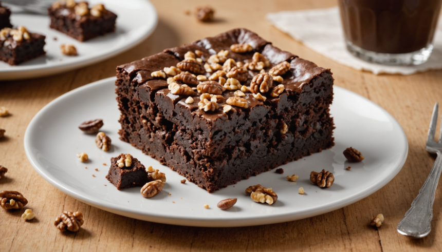 disfruta de un delicioso brownie de chocolate con un corazón fundido y un crujiente toque de nuez, ideal para los amantes del chocolate y los postres irresistibles.