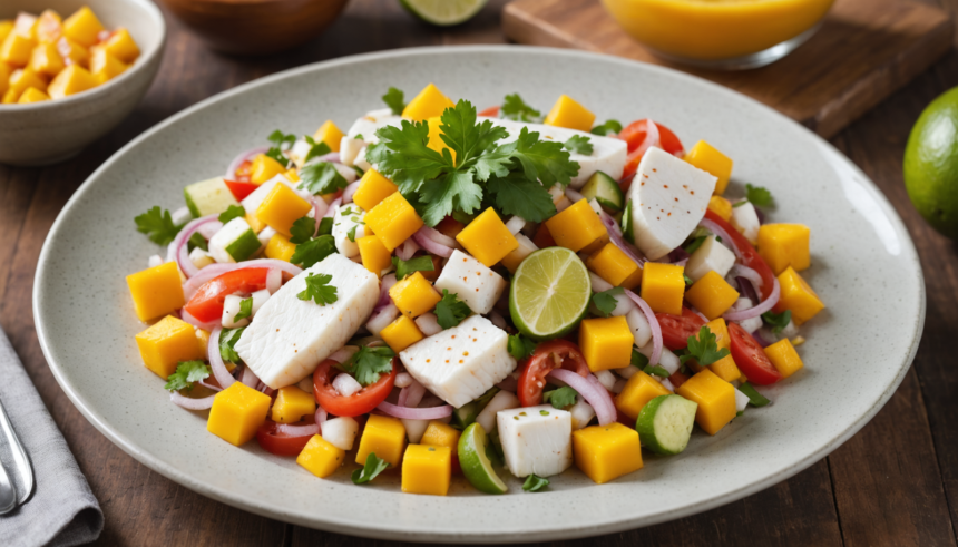descubre cómo preparar un refrescante ceviche de pescado con jícama y mango, una receta fácil y llena de sabores tropicales para sorprender en tus reuniones. ¡ideal para los días calurosos!